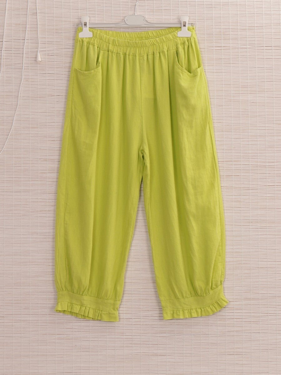 Italian Ruffled Hem Relaxed Fit Linen Trousers - Parrot Green