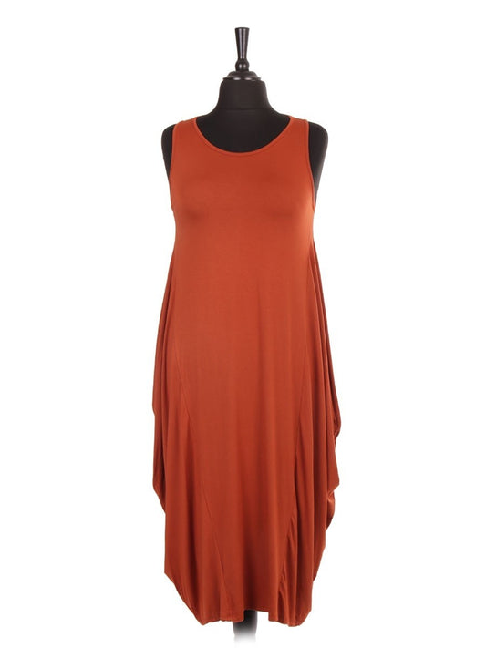Italian Sleeveless Jersey Parachute Lagenlook Dress - Rust