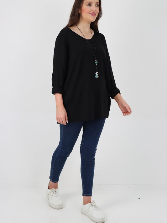 Italian Soft Knitted Round Neck Necklace Jumper Top -  Black