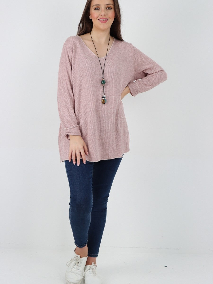 Italian Soft Knitted Round Neck Necklace Jumper Top -  Dusty Pink