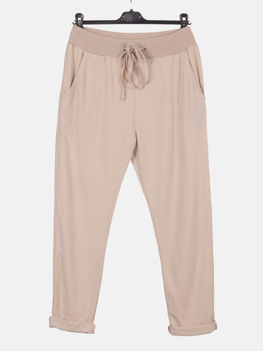 Italian Solid Color Cotton Trousers With Side Pockets -  Beige