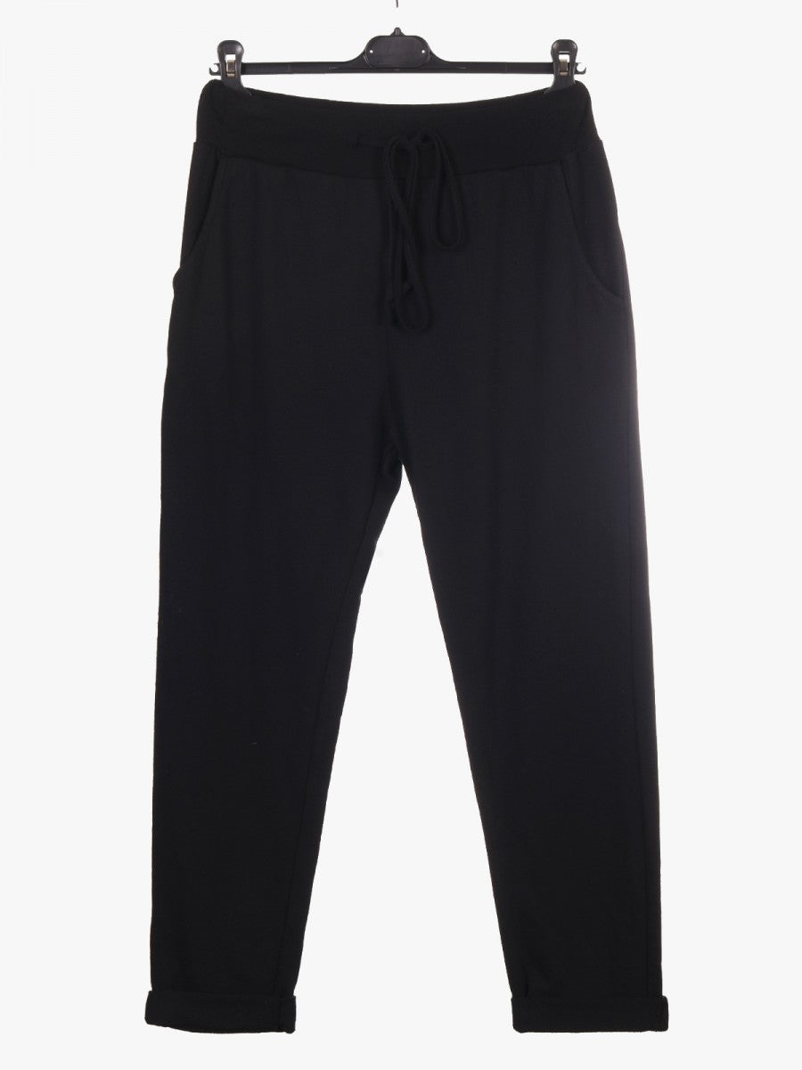 Italian Solid Color Cotton Trousers With Side Pockets -  Black