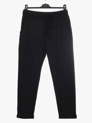 Italian Solid Color Cotton Trousers With Side Pockets -  Black
