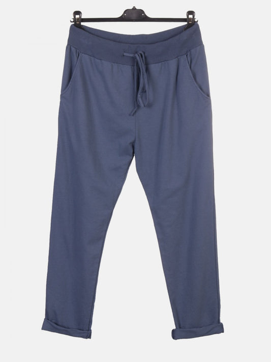 Italian Solid Color Cotton Trousers With Side Pockets -  Denim