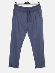 Italian Solid Color Cotton Trousers With Side Pockets -  Denim