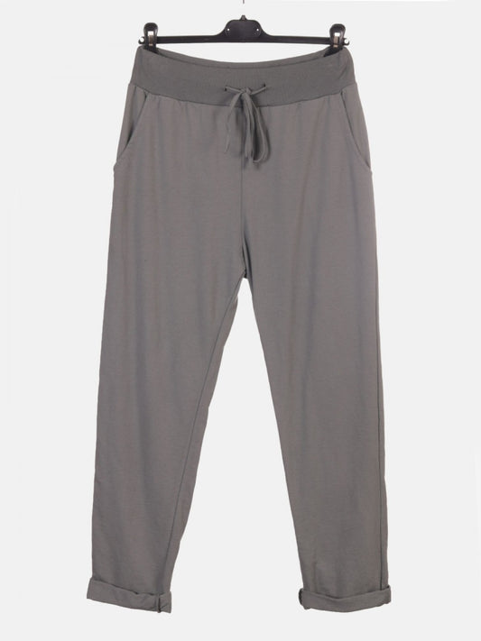 Italian Solid Color Cotton Trousers With Side Pockets -  Grey