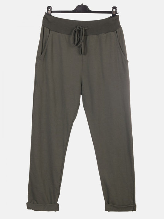 Italian Solid Color Cotton Trousers With Side Pockets -  Army Green