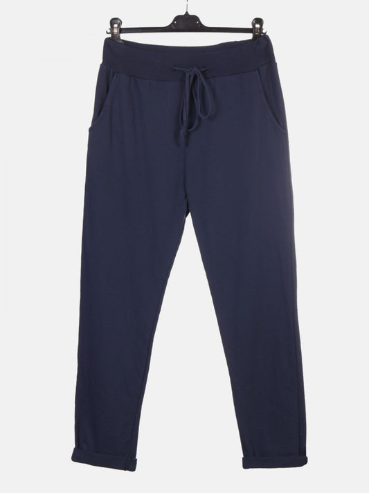 Italian Solid Color Cotton Trousers With Side Pockets -  Navy