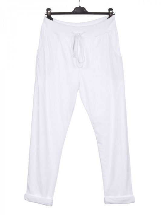 Italian Solid Color Cotton Trousers With Side Pockets -  White