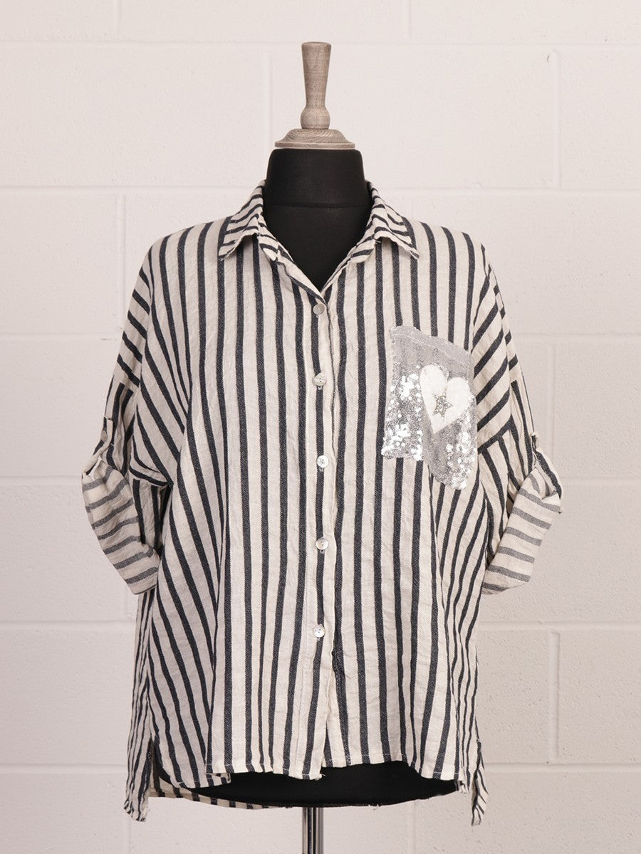 Italian Stripe Print Button Through Linen Top  - Beige