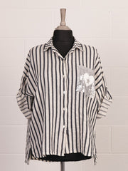 Italian Stripe Print Button Through Linen Top  - Beige
