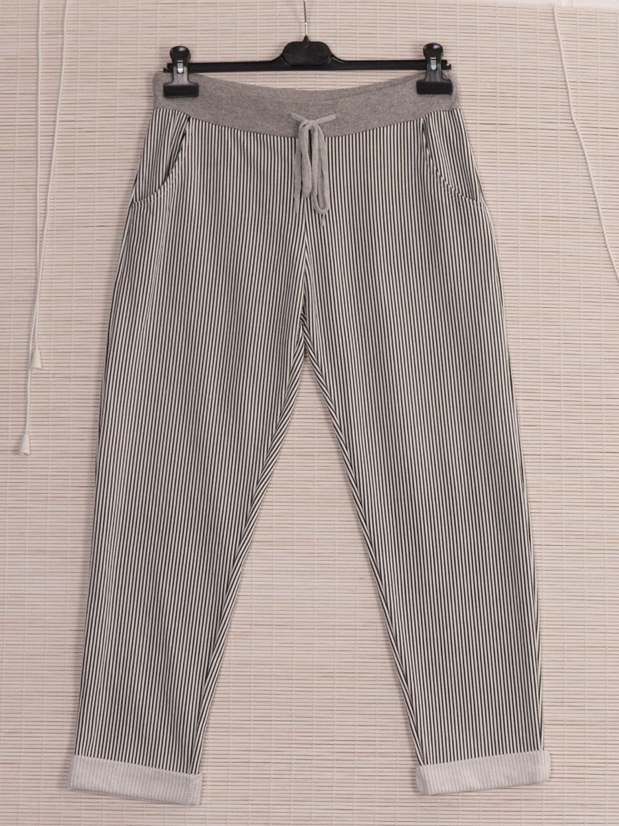 Italian Striped Print Cotton Trousers -  Black