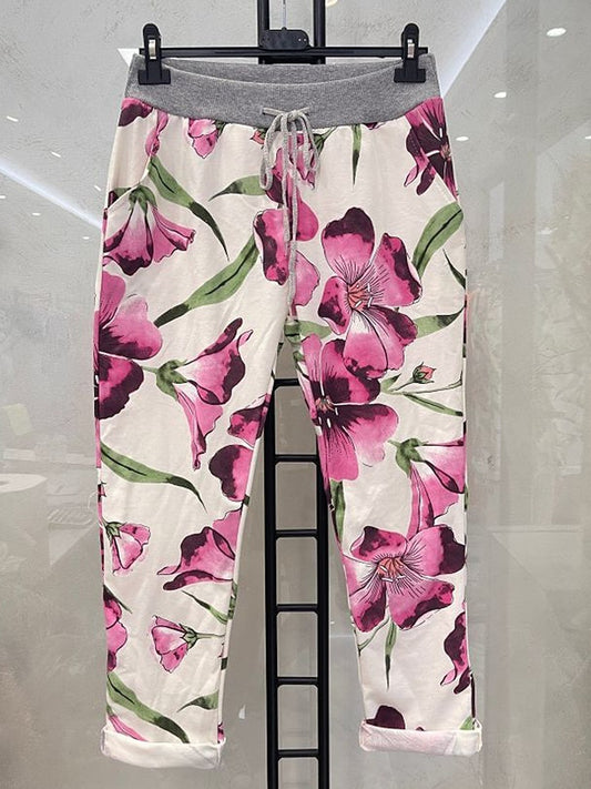 Italian Tulip Printed Cotton Joggers -  Cerise