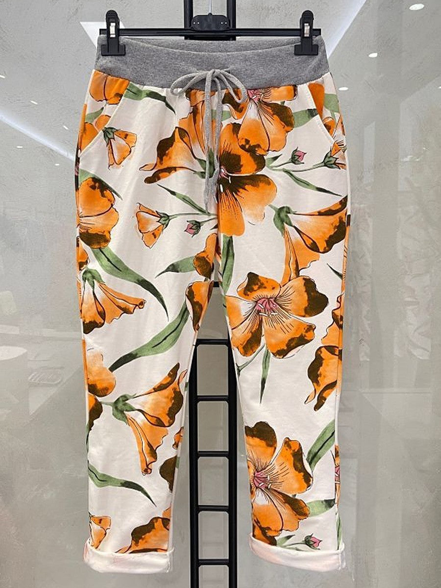 Italian Tulip Printed Cotton Joggers -  Orange