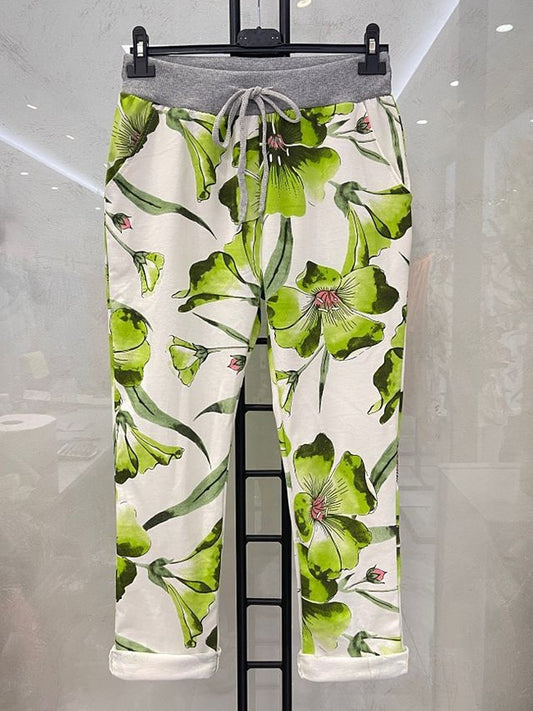Italian Tulip Printed Cotton Joggers -  Parrot Green