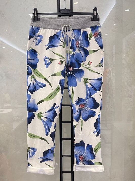 Italian Tulip Printed Cotton Joggers -  Royal Blue