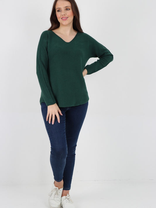 Italian V-neck Soft Knitted Jumper - Hunter Green
