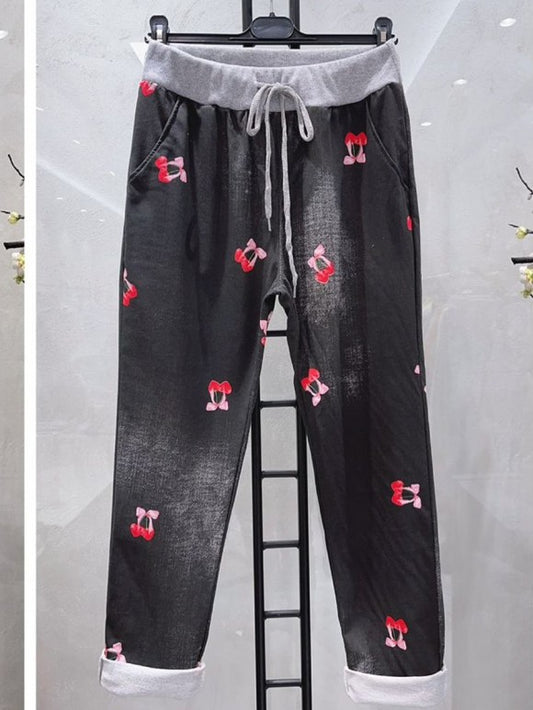 Italian Vintage Wash Cherry Print Joggers -  Black