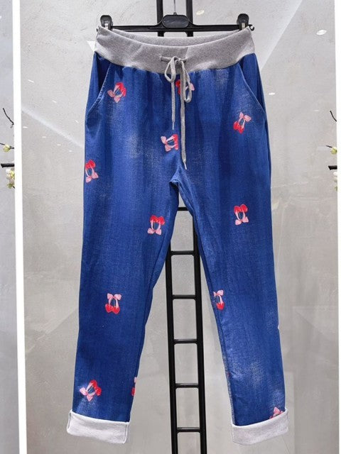 Italian Vintage Wash Cherry Print Joggers -  Denim