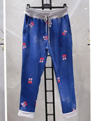 Italian Vintage Wash Cherry Print Joggers -  Denim
