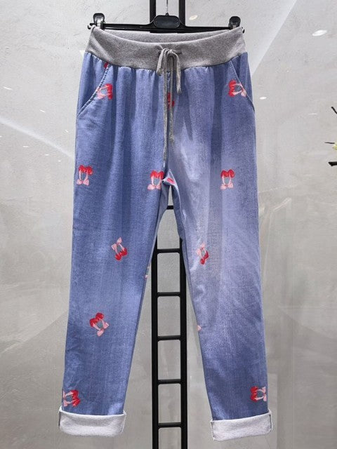 Italian Vintage Wash Cherry Print Joggers -  Light Denim