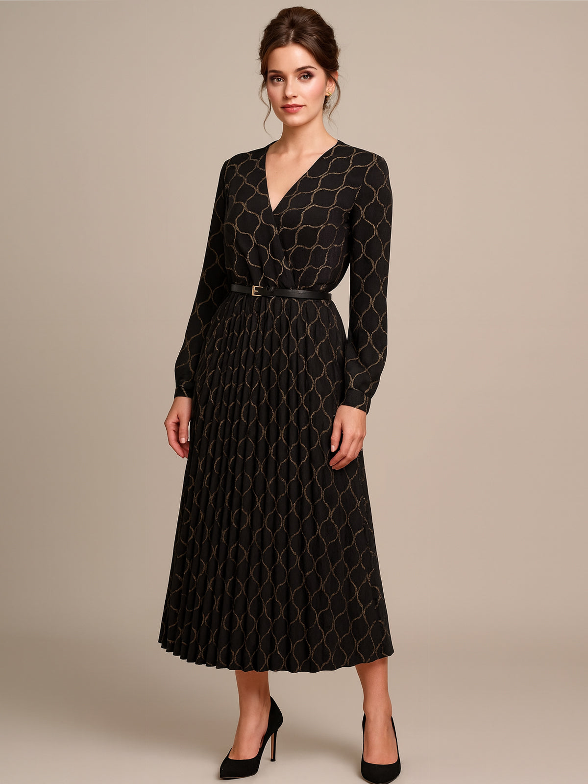 Italian Wrap Over Glittery Detail Pleated Dress With Belt - Gold