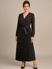 Italian Wrap Over Glittery Detail Pleated Dress With Belt - Silver