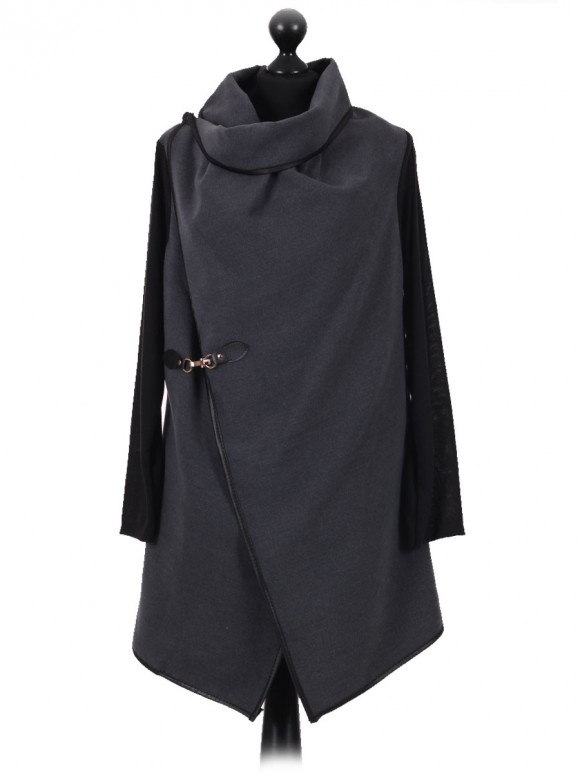 Italian Wool Wrap Over Coat with Gold Buckle Detail charcoal