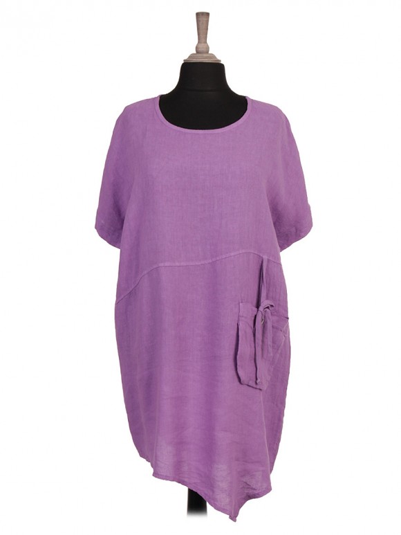 Italian Asymmetric Hem Front Pocket Linen Dress