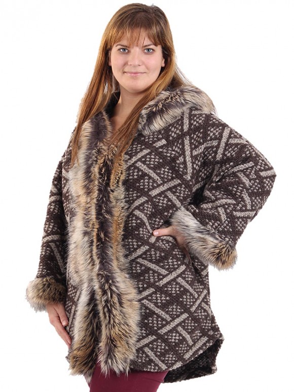 adies Woollen Faux Fur Hooded Coat Brown Side