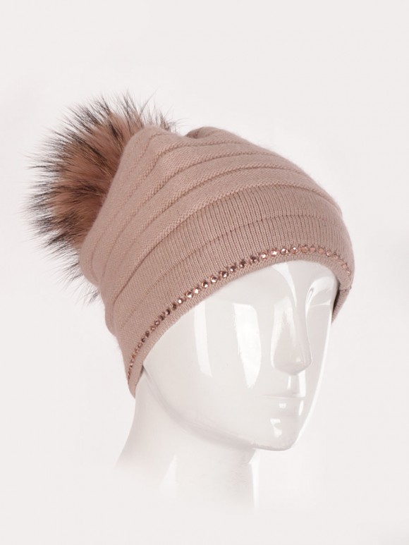 Cashmere Mix Diamante Detail Ribbed Pom Pom Hat