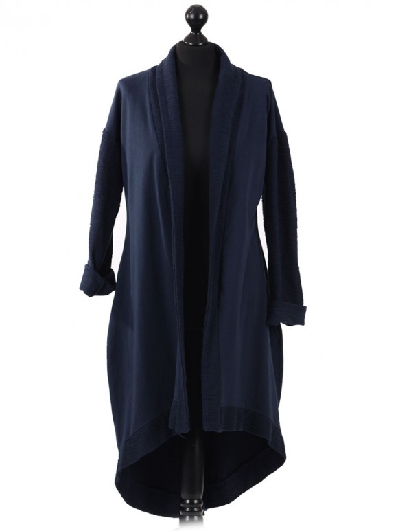 Ladies Waterfall Contrast Border Long Cardigan Navy