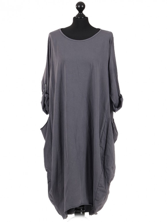 Plain Cotton Lagenlook Dress Charcoal