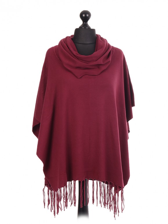  Cowl Neck Tassel Hem Poncho