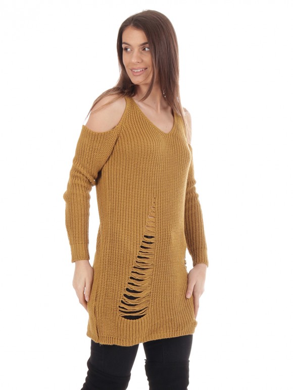 Distressed Cold Shoulder Chunky Knit Jumper