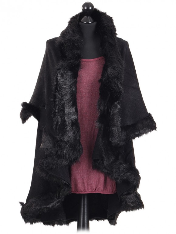 Faux Fur Double Layered Woollen Cape Black