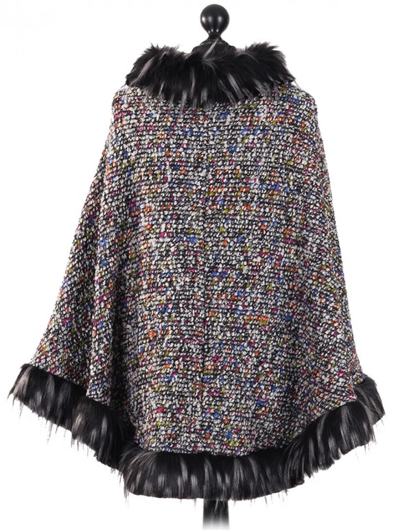 Italian Faux Fur Wool Poncho Multi