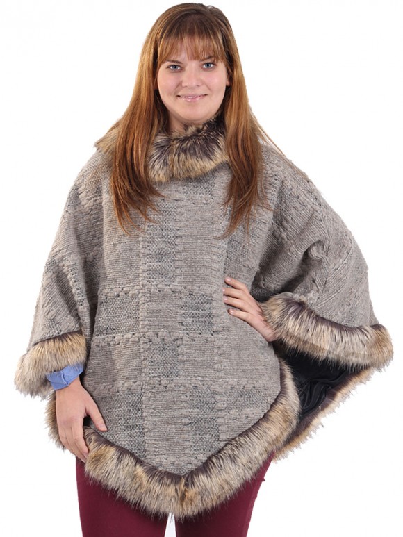 Faux Fur Woollen Poncho Beige