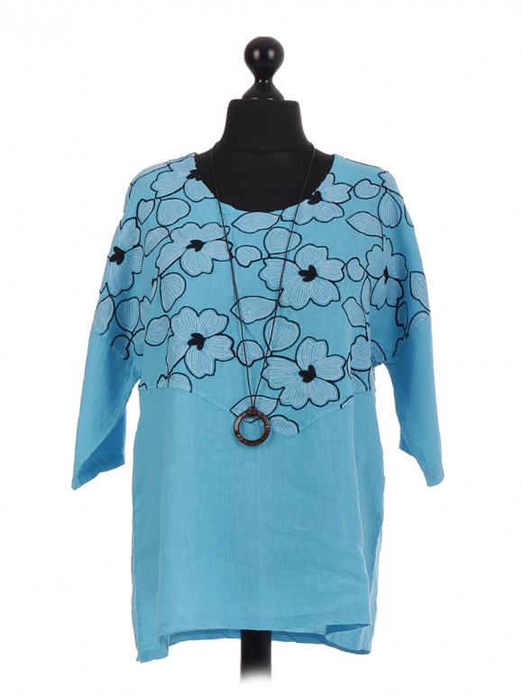 Italian Floral Embroidered Top With Necklace