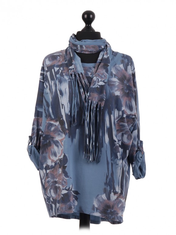 Floral Print Batwing Top With Scarf