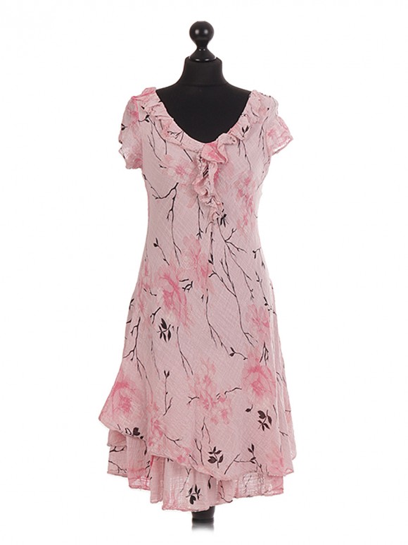 Italian Floral Printed Layered Frilled Dress