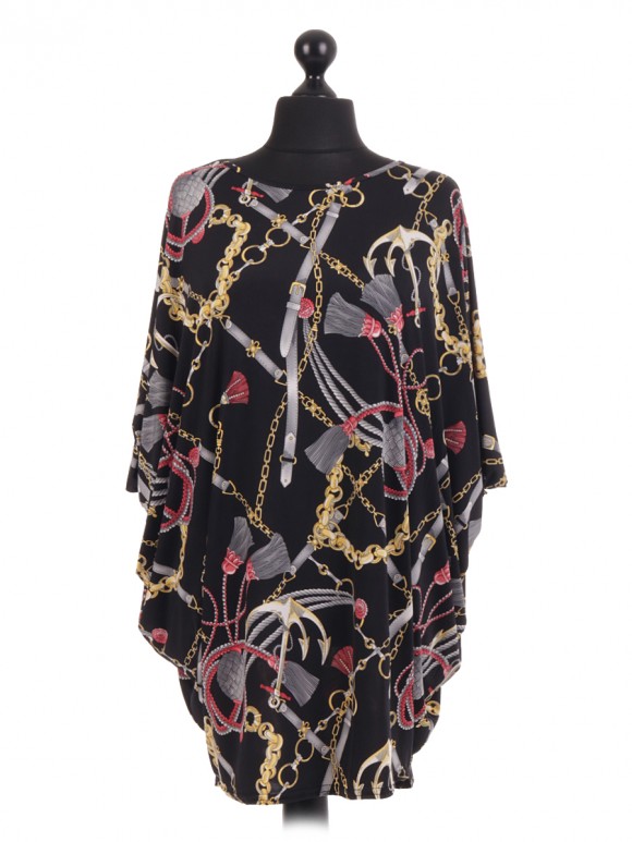 French Chain Tassle Print Batwing Tunic