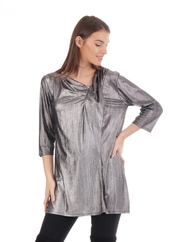 Gathered Metallic Tunic Top Silver