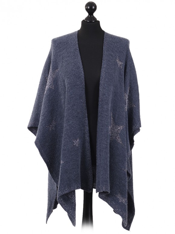 Ladies Glitter Star Pattern Knitted Cape blue