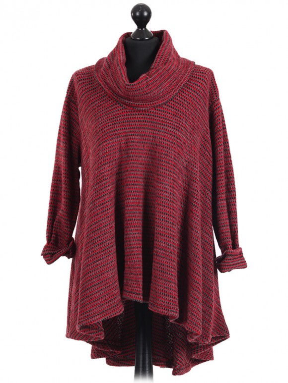 Italian Cowl Neck High Low Knitted Tunic Top Red