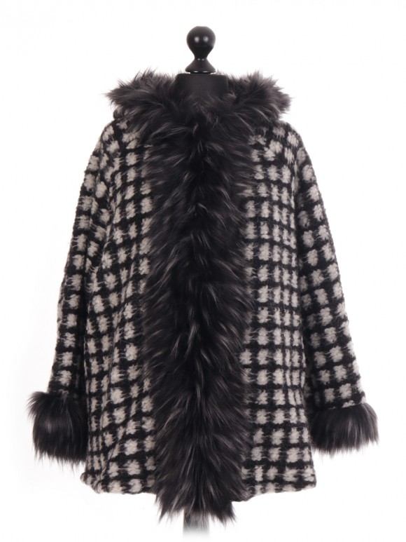 Italian - Check Faux Fur Trim Jacket