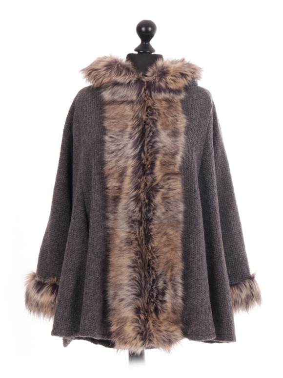 Italian Faux Fur Hooded Cape Jacket