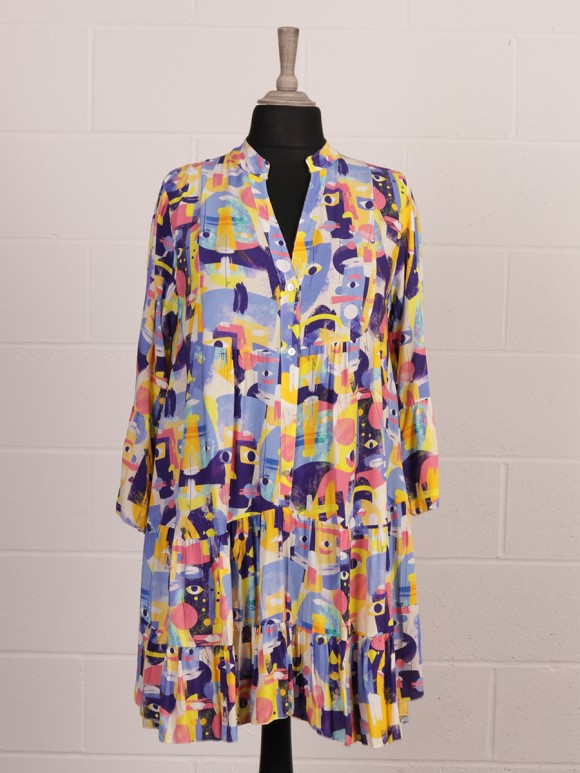 Italian Abstract Print Bell Sleeves Tiered Dress