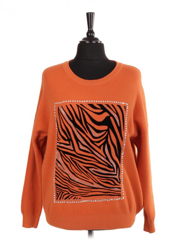 Italian Animal Pattern Jumper With Stud and Diamante Detail