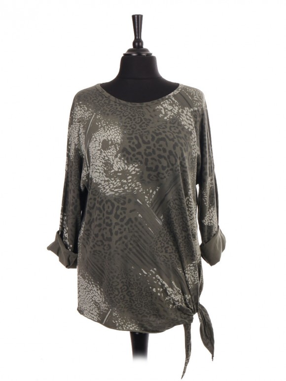 Italian Turn-up Sleeves Animal Print Side Knot Batwing Top